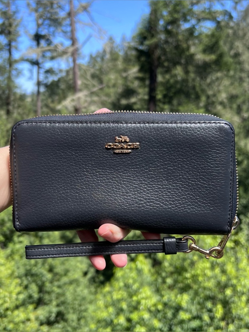 COACH Long Zip-Around Wallet Navy Pebble Leather w Gold Hardware AUTHENTIC